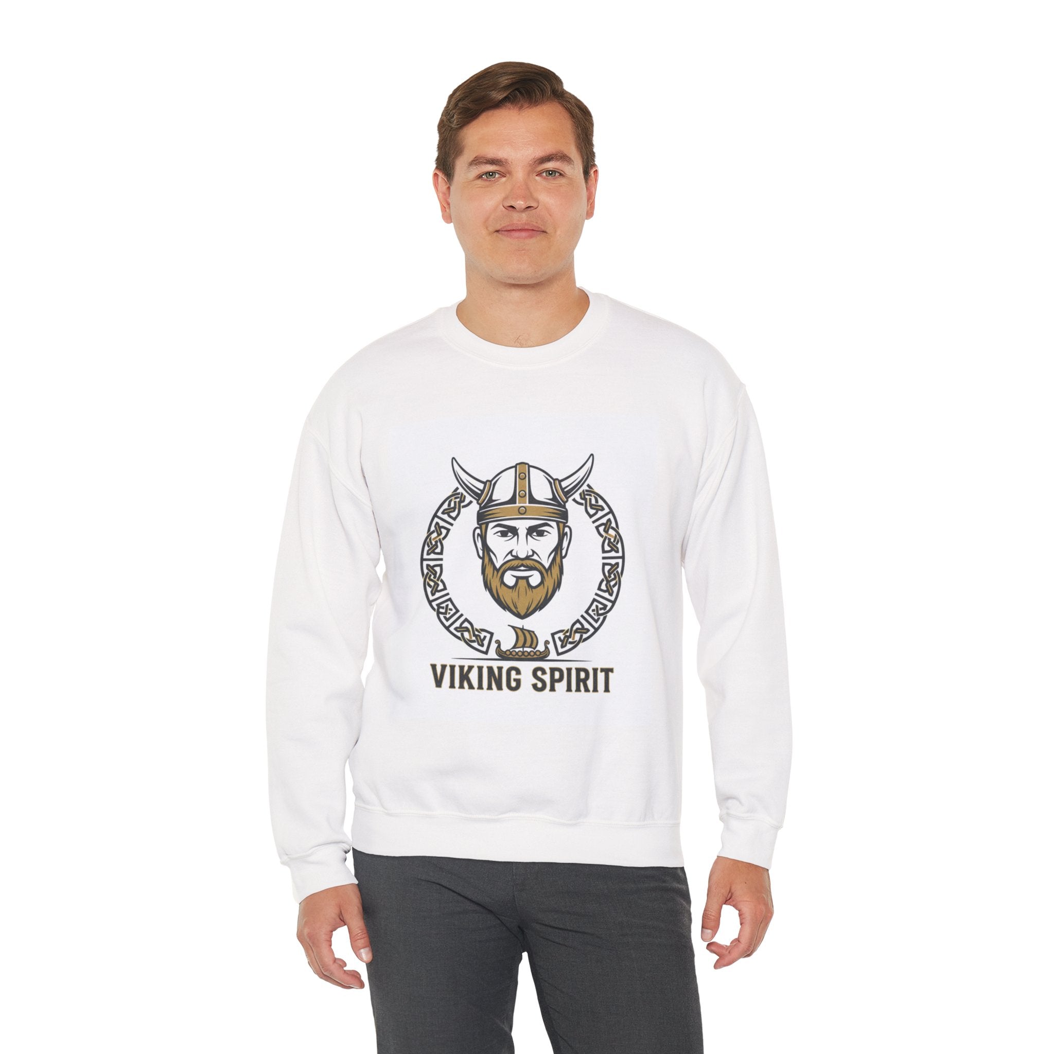 Viking Spirit Crewneck Sweatshirt — Norse Helmet Graphic Nordic Heritage